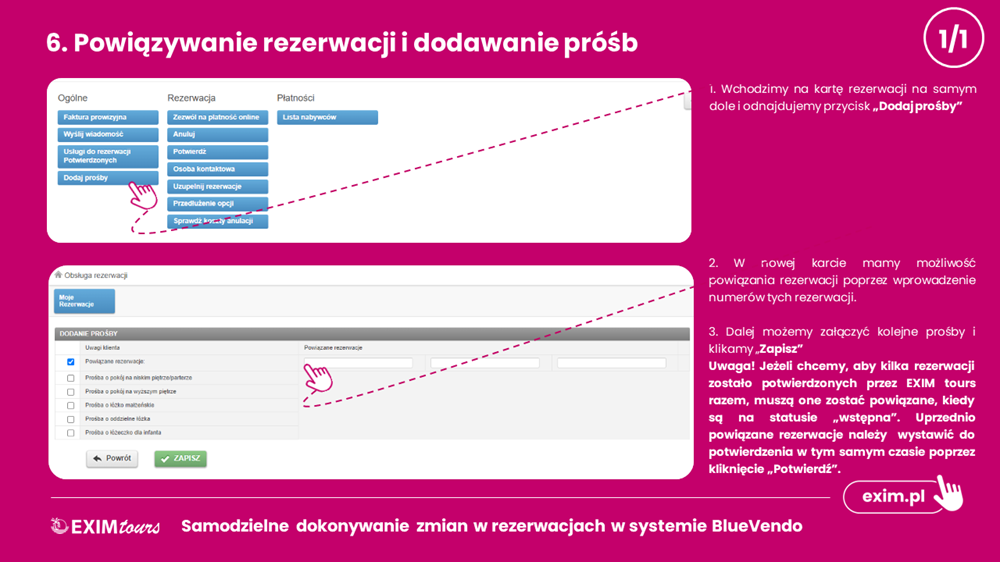 Powiązywanie rezerwacji i dodawanie próśb